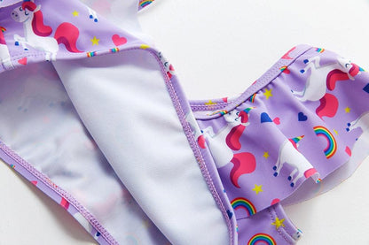 3-16Y Cartoon Two-piece Girls Swimwear Ruffle Swimsuit Bikini Set One Shoulder Beachwear Princess Two Piece