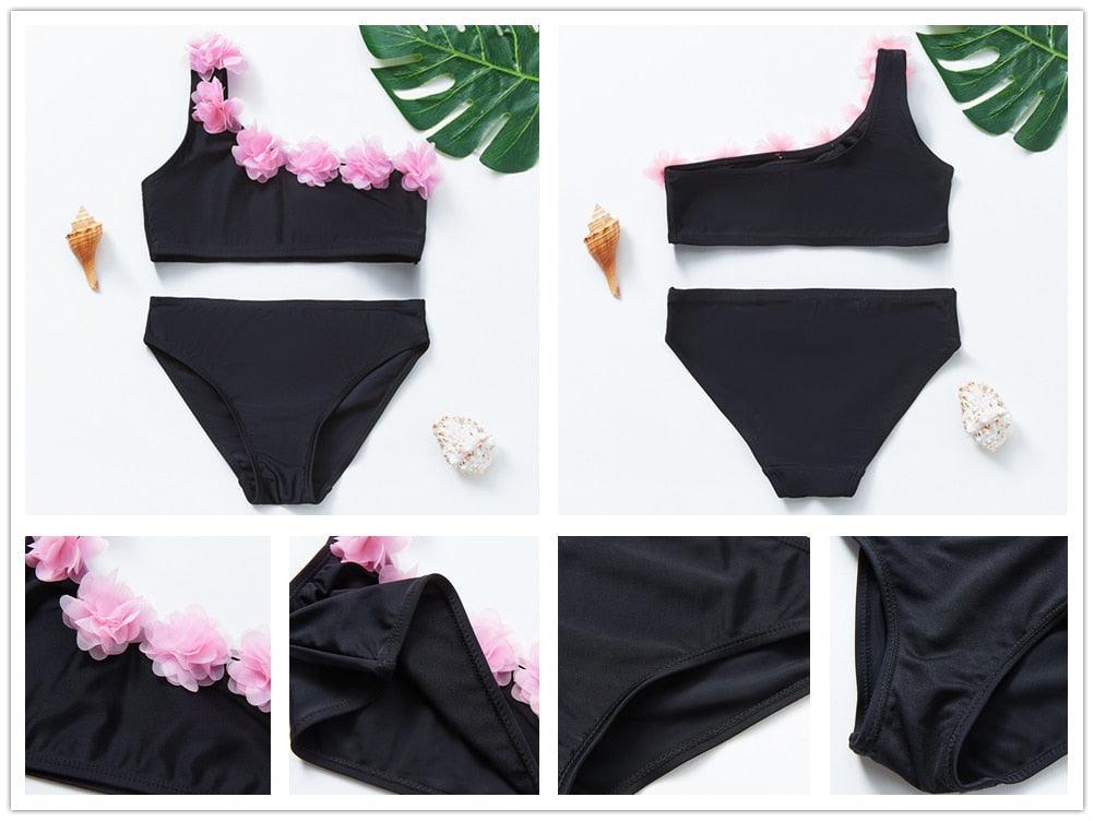 3-16Y Cartoon Two-piece Girls Swimwear Ruffle Swimsuit Bikini Set One Shoulder Beachwear Princess Two Piece