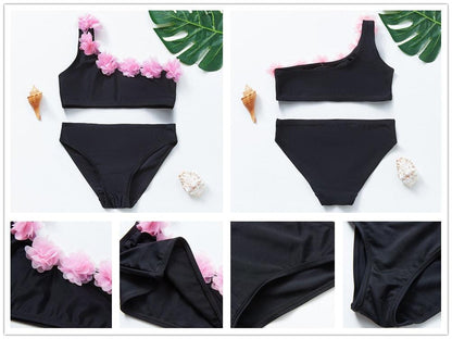3-16Y Cartoon Two-piece Girls Swimwear Ruffle Swimsuit Bikini Set One Shoulder Beachwear Princess Two Piece