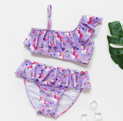 3-16Y Cartoon Two-piece Girls Swimwear Ruffle Swimsuit Bikini Set One Shoulder Beachwear Princess Two Piece