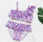 3-16Y Cartoon Two-piece Girls Swimwear Ruffle Swimsuit Bikini Set One Shoulder Beachwear Princess Two Piece