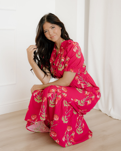 Neve Red Floral Maxi Dress | Ruffle V Neck Dress