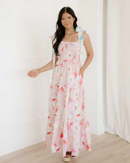 Sunshine Knotted Shoulder Smocked Maxi Dress