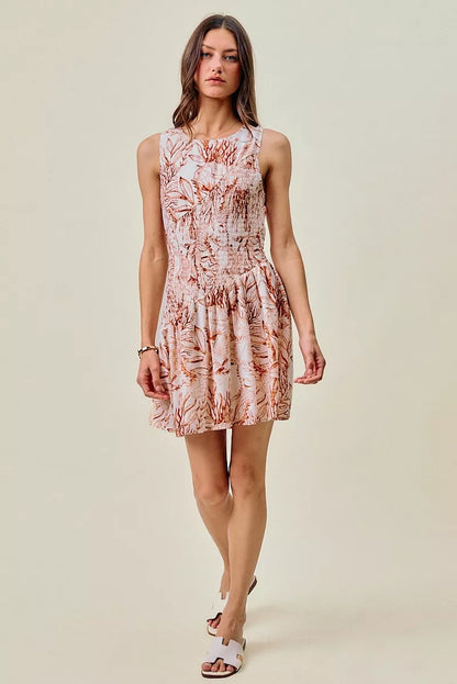 SO ME Shell Print Smocked Fit And Flare Mini Lined Dress