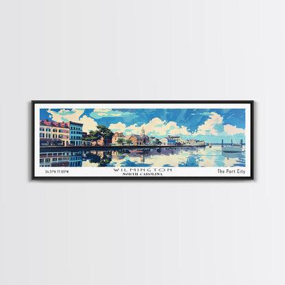 Wilmington North Carolina Panoramic Wall Art, Mid Century Modern Framed Canvas Print, Retro Pop Art Travel Poster, City Art, Home Decoration