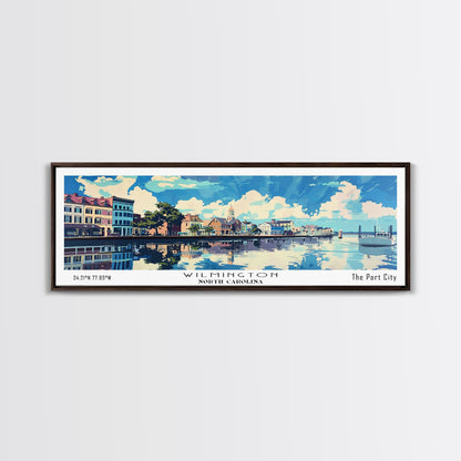 Wilmington North Carolina Panoramic Wall Art, Mid Century Modern Framed Canvas Print, Retro Pop Art Travel Poster, City Art, Home Decoration