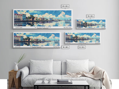 Wilmington North Carolina Panoramic Wall Art, Mid Century Modern Framed Canvas Print, Retro Pop Art Travel Poster, City Art, Home Decoration