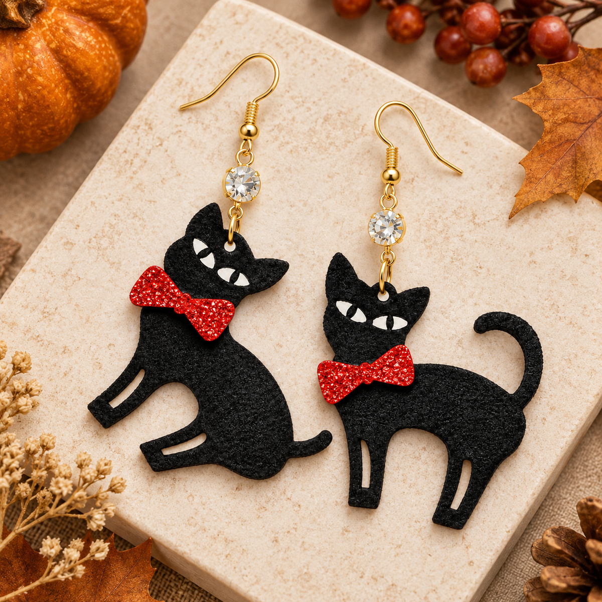 Midnight Mischief Black Cat Drop Earrings