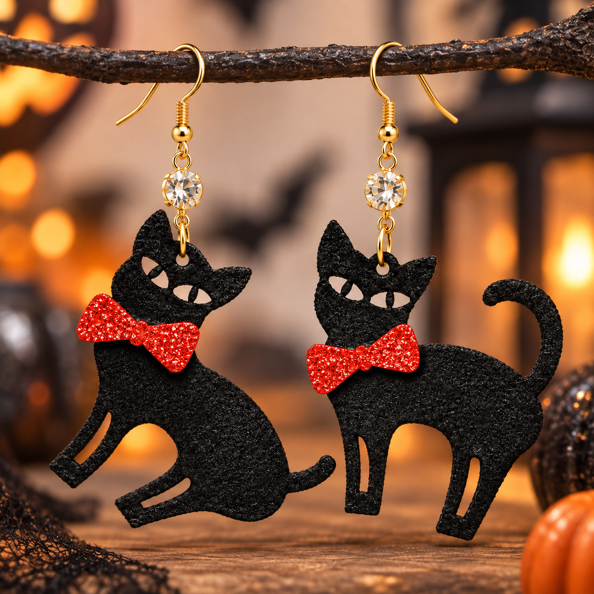 Midnight Mischief Black Cat Drop Earrings