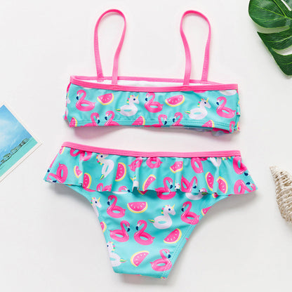 3-16Y Cartoon Two-piece Girls Swimwear Ruffle Swimsuit Bikini Set One Shoulder Beachwear Princess Two Piece