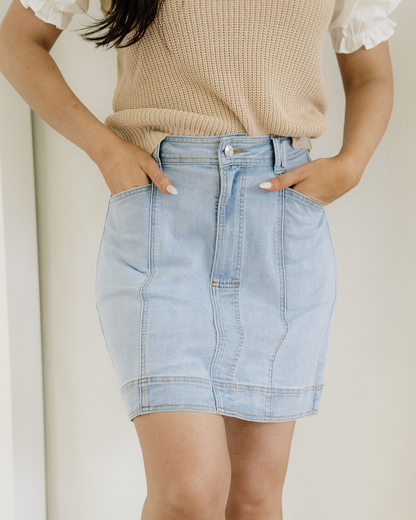 Juliet Exposed Seam Detail A-line Denim Mini Skirt with Pockets