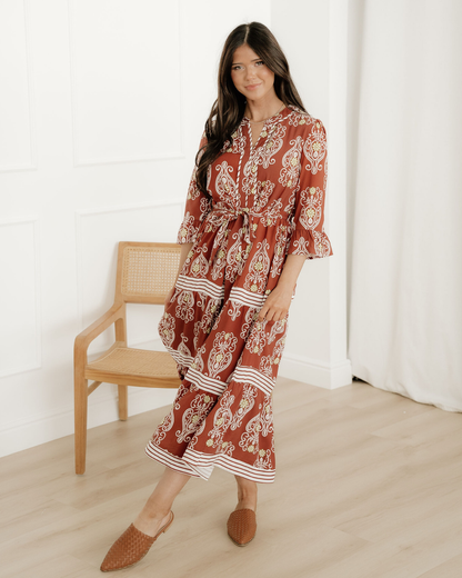 Harmony Floral Print Belted Striped Trim Tiered Maxi Dress