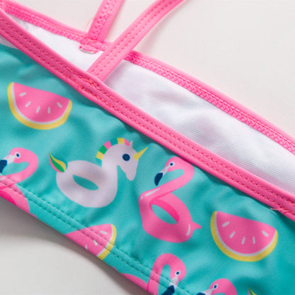 3-16Y Cartoon Two-piece Girls Swimwear Ruffle Swimsuit Bikini Set One Shoulder Beachwear Princess Two Piece