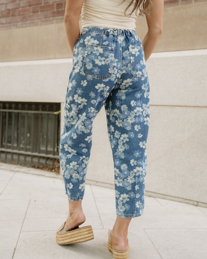 Eliana Floral Printed Drawstring Barrel Jeans