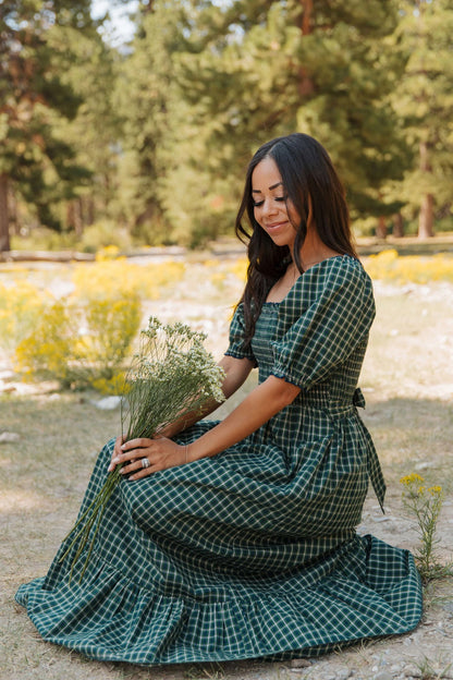 Daisy Plaid Square Neck Shirred High Waist Ruffle Hem Dress