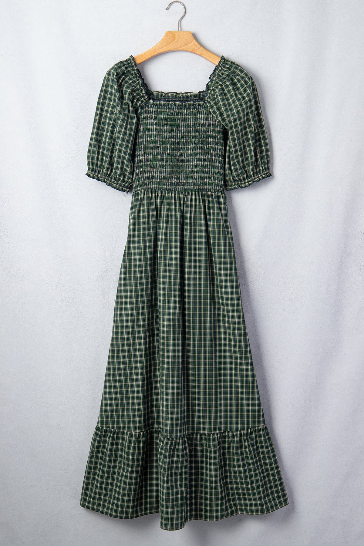 Daisy Plaid Square Neck Shirred High Waist Ruffle Hem Dress