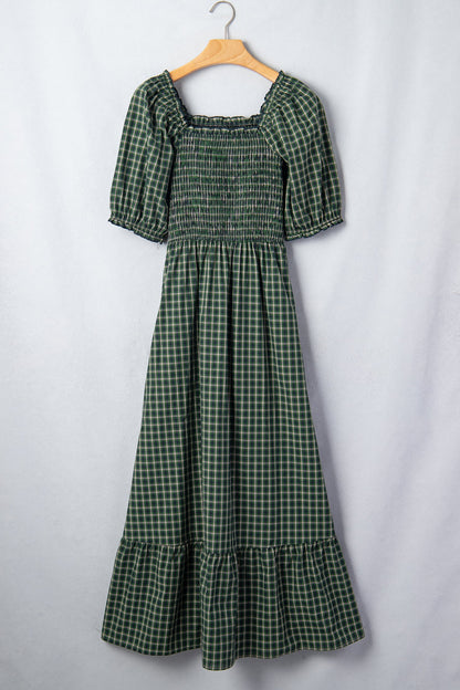 Daisy Plaid Square Neck Shirred High Waist Ruffle Hem Dress