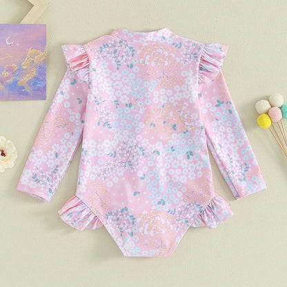 Baby 9M-5Y Toddler Infant Kid Girl Swimsuit Ruffle Floral Print Long Sleeves Zipper Swimwear Beachwear Bathing Suit