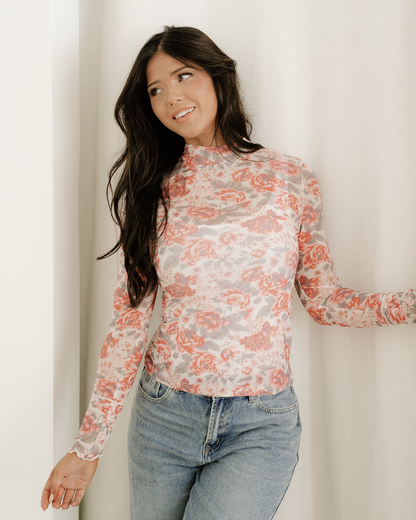 Ophelia Floral Print Mock Neck Mesh Long Sleeve Top