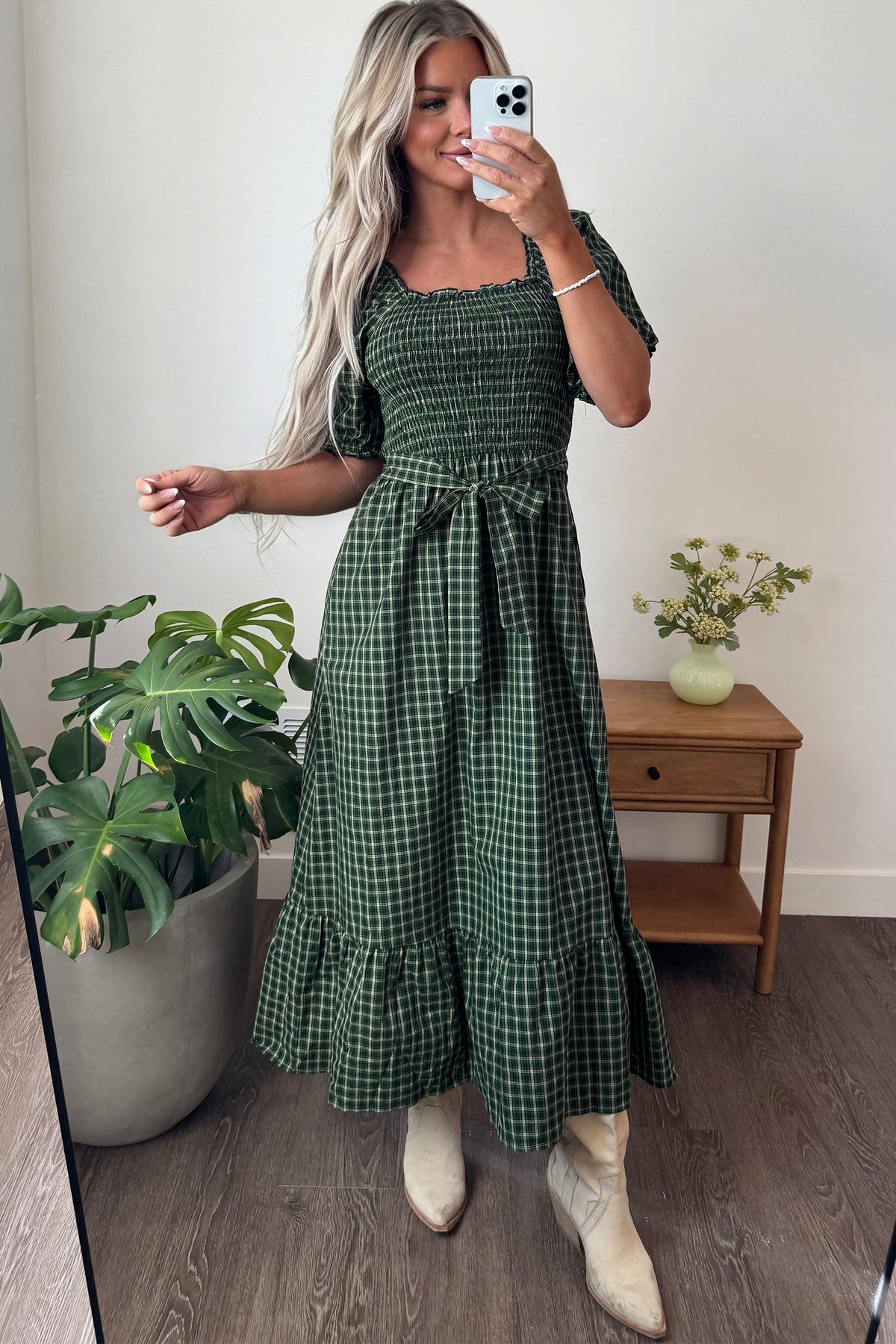 Daisy Plaid Square Neck Shirred High Waist Ruffle Hem Dress