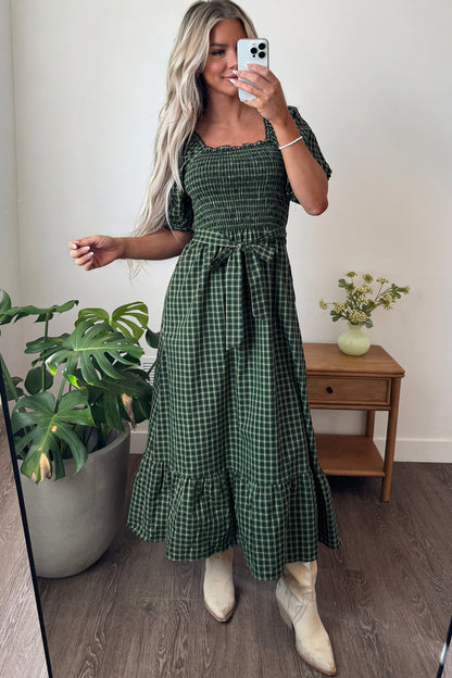 Daisy Plaid Square Neck Shirred High Waist Ruffle Hem Dress