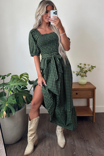 Daisy Plaid Square Neck Shirred High Waist Ruffle Hem Dress
