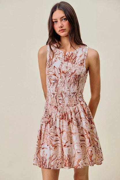 SO ME Shell Print Smocked Fit And Flare Mini Lined Dress