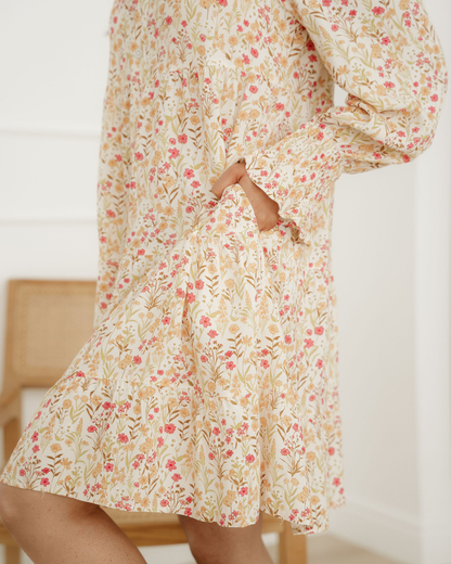 Evie Smocked Cuff Long Sleeve Loose Shirt Dress
