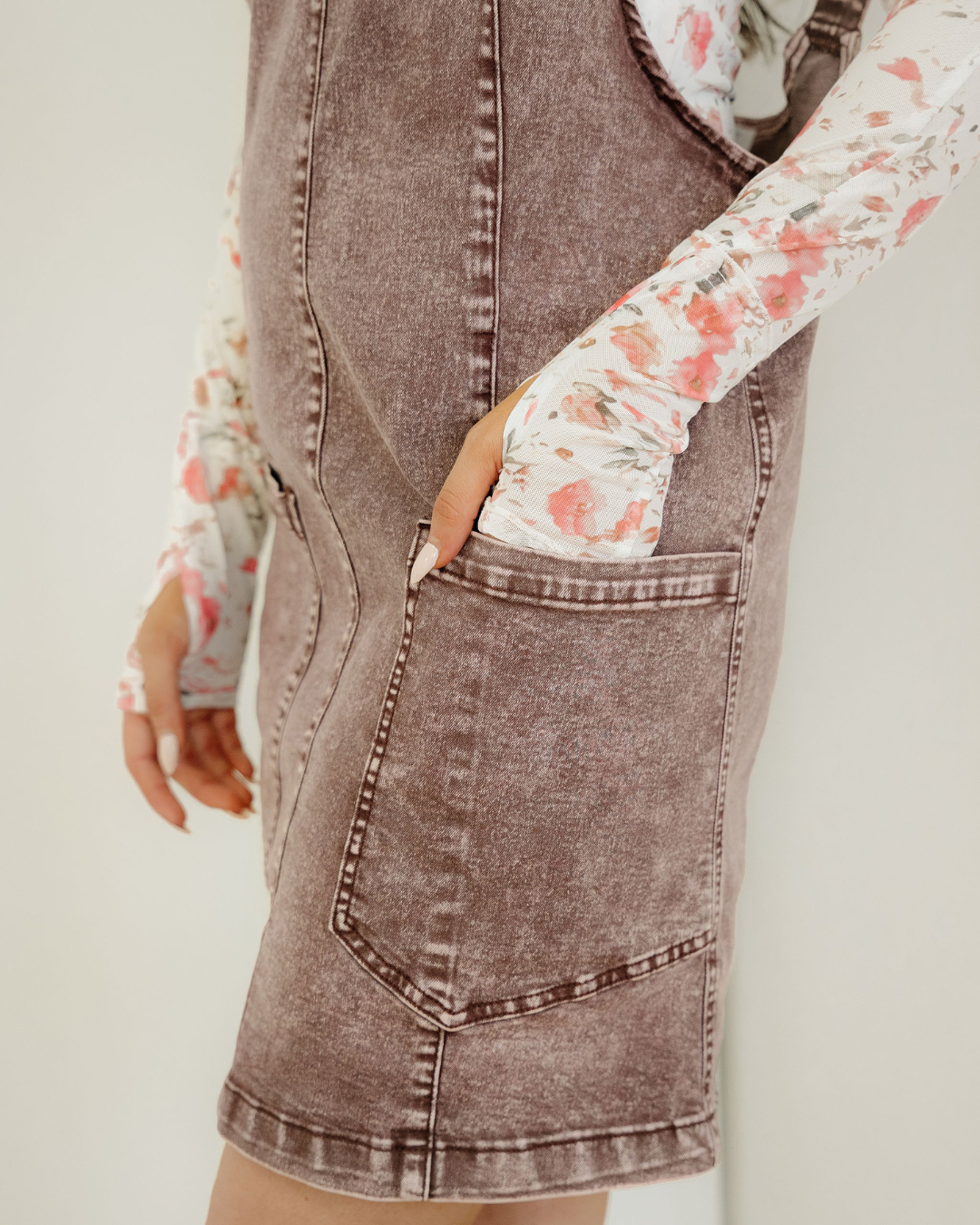 Kylie Vintage Washed Denim V Neck Suspender Mini Dress