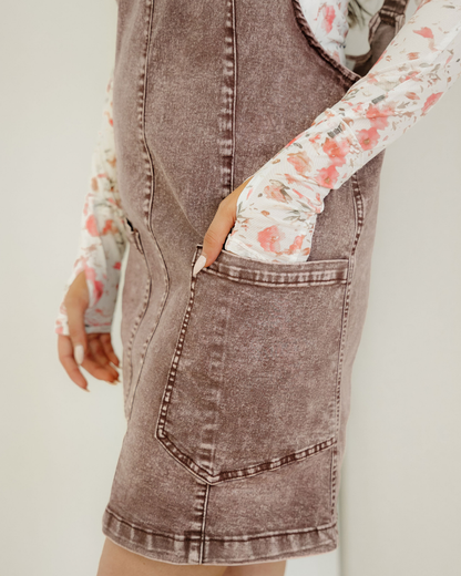 Kylie Vintage Washed Denim V Neck Suspender Mini Dress