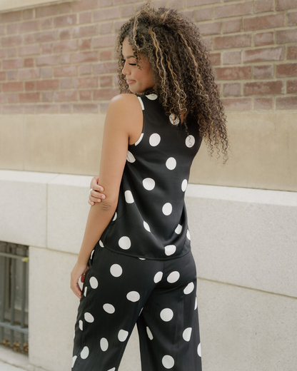 Paris Polka Dot Print Pleated Round Neck Tank Wide Leg Two-Piece Outfit