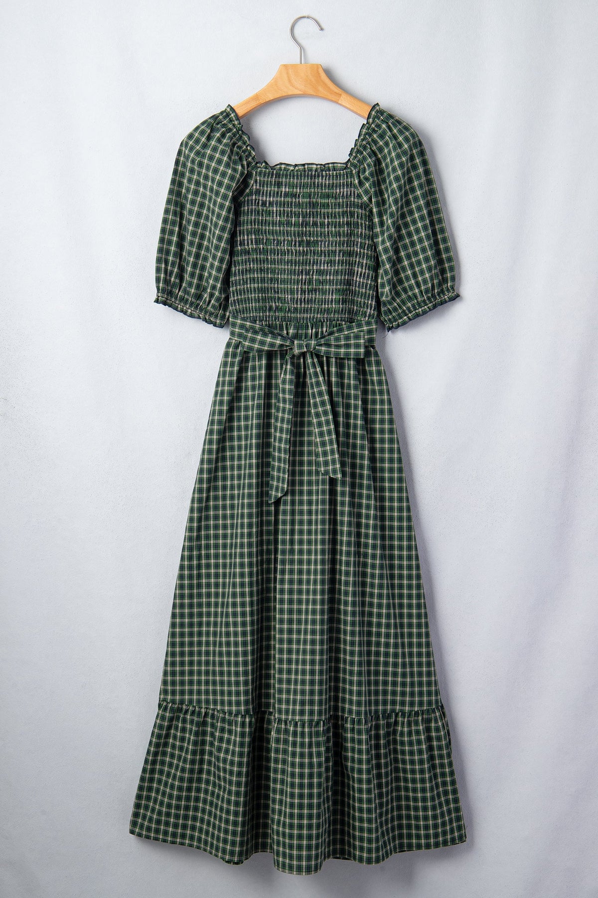 Daisy Plaid Square Neck Shirred High Waist Ruffle Hem Dress