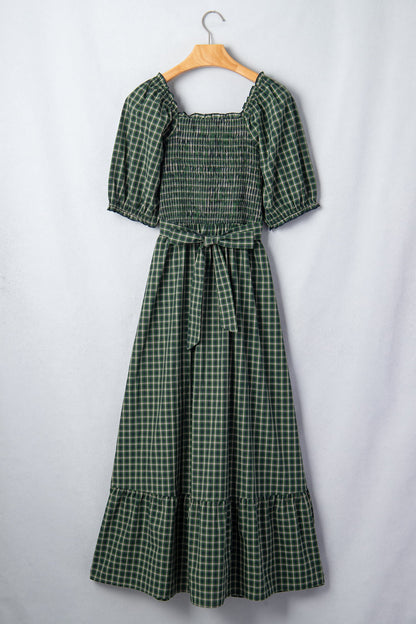 Daisy Plaid Square Neck Shirred High Waist Ruffle Hem Dress