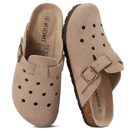 KIDMI Genuine Suede Clogs for Women Men Cork Footbed Mules Potato Shoes