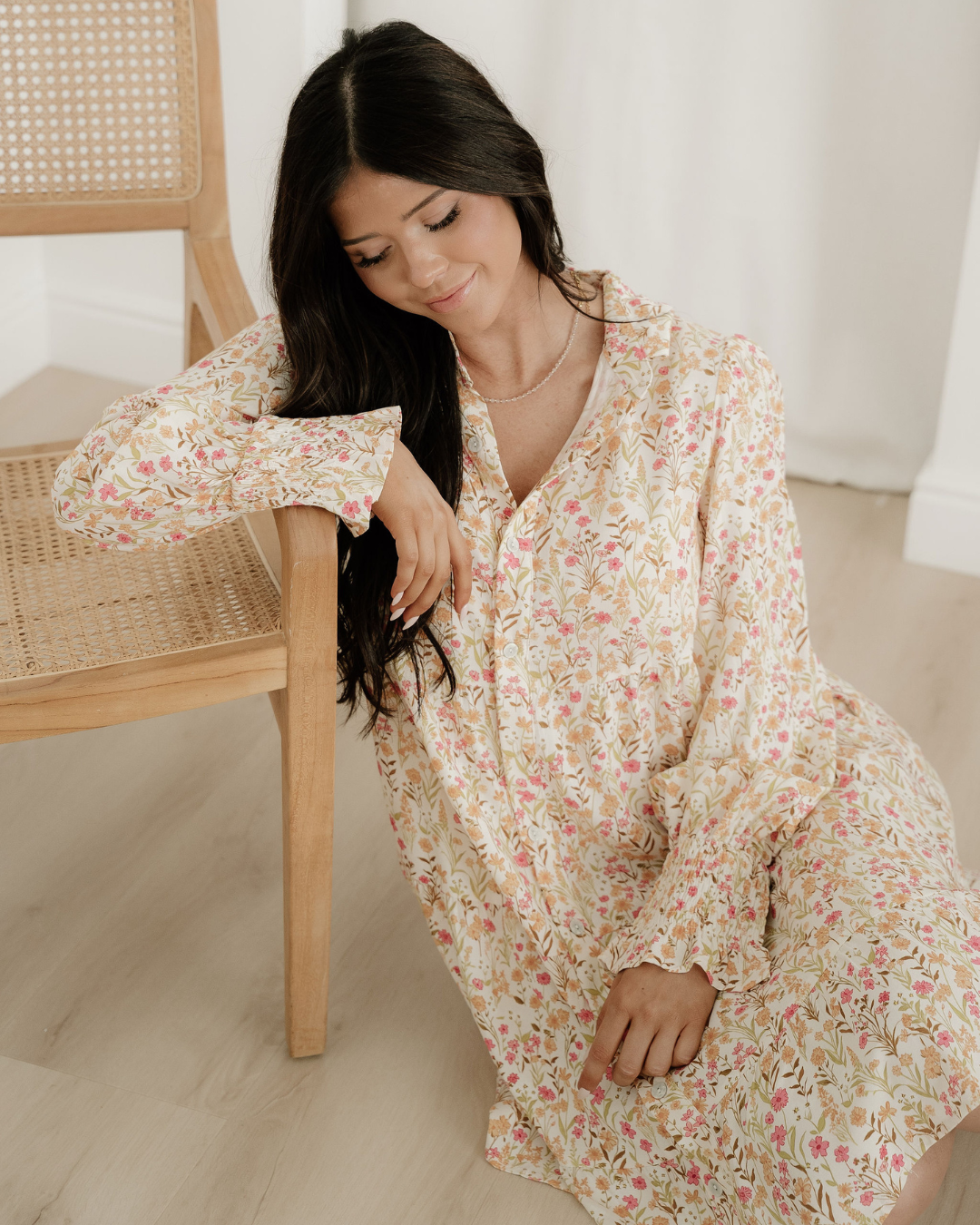 Evie Smocked Cuff Long Sleeve Loose Shirt Dress