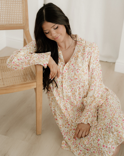 Evie Smocked Cuff Long Sleeve Loose Shirt Dress