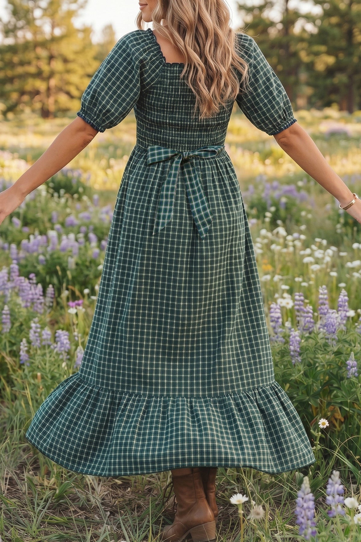 Daisy Plaid Square Neck Shirred High Waist Ruffle Hem Dress