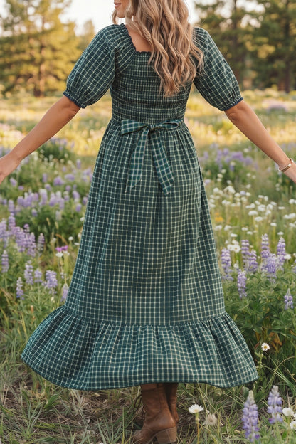 Daisy Plaid Square Neck Shirred High Waist Ruffle Hem Dress
