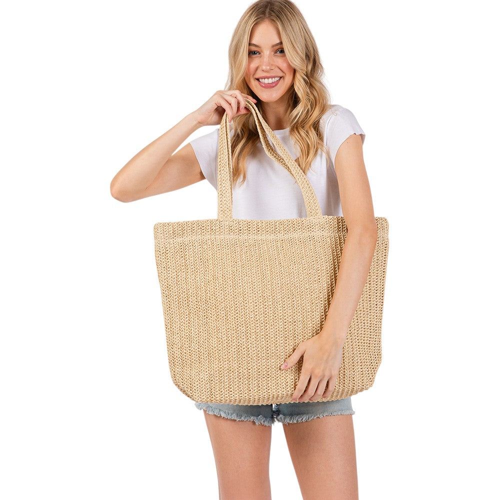 Women's Solid Crochet Straw Tote Bag / Beach