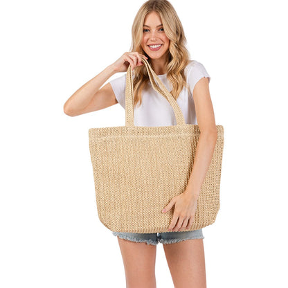 Women's Solid Crochet Straw Tote Bag / Beach