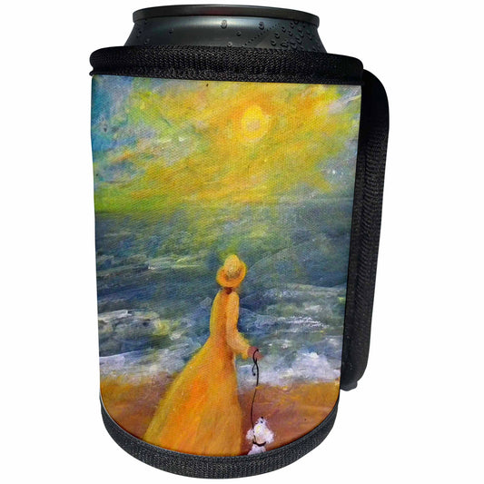 3dRose Sandy Welds Seaside Girls - Sunny Girl with Poodle, walk on the beach - Can Cooler Bottle Wrap (cc_66333)