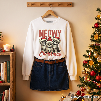 Cute Meowy Christmas Sweatshirt, Baby Cat In Santa Hat Holiday Sweater