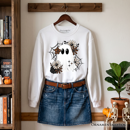 Floral Ghost Sweatshirt, Neutral Boho Halloween Spider Web Sweater