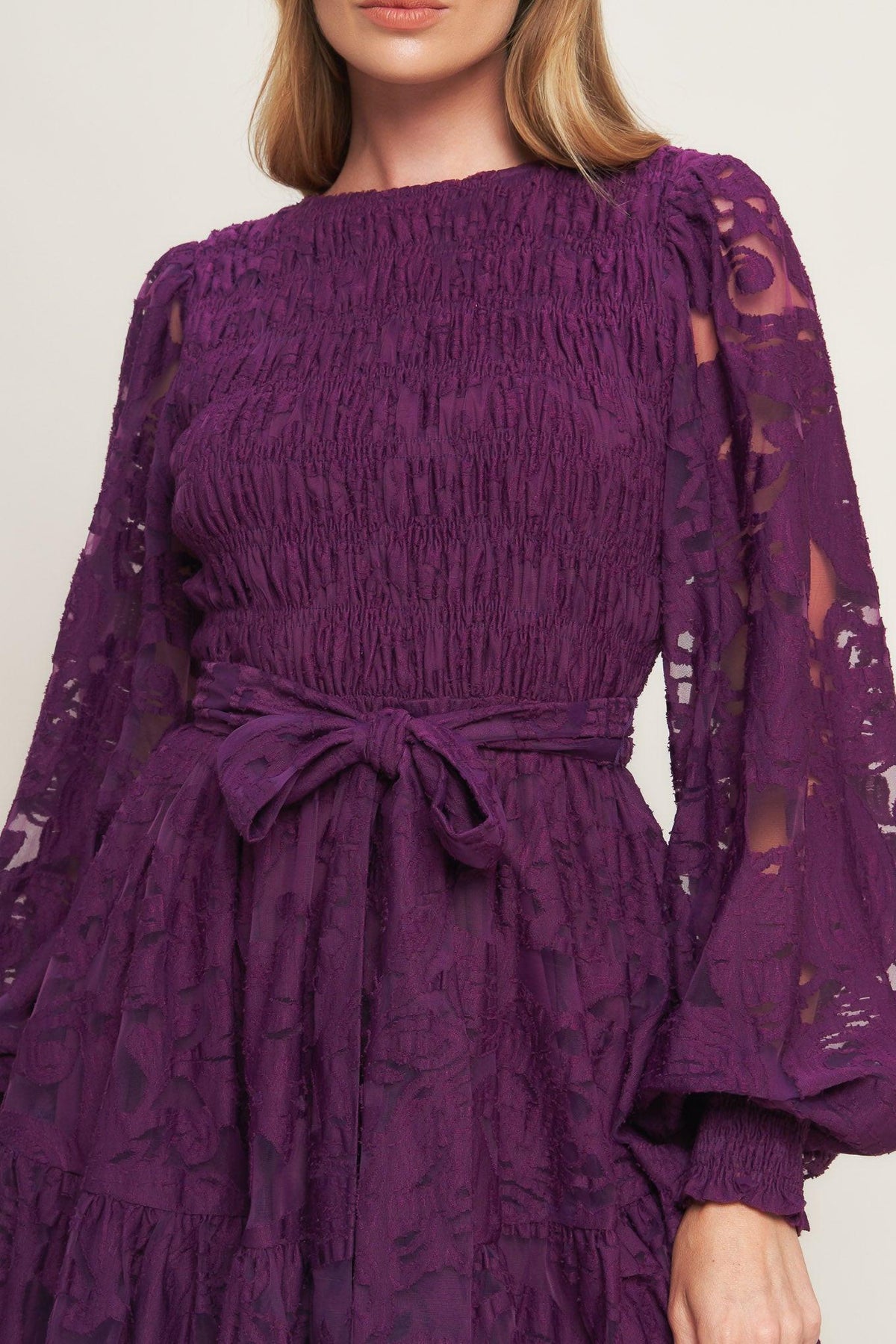 PASSION PLUM WOVEN LACE MINI DRESS