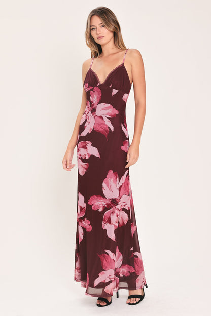 MIDNIGHT MERLOT LACE TRIM MESH MAXI DRESS