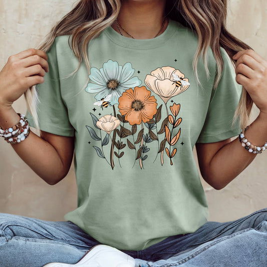 Wildflowers and Bees Graphic T-Shirt | Floral Nature Lover Tee | Cottagecore Boho Unisex Shirt | Spring and Summer Apparel