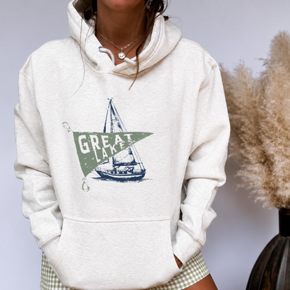 Great Lakes Sailboat Hoodie | Vintage Coastal Graphic Pullover | Premium Heavyweight Fleece Hoodie