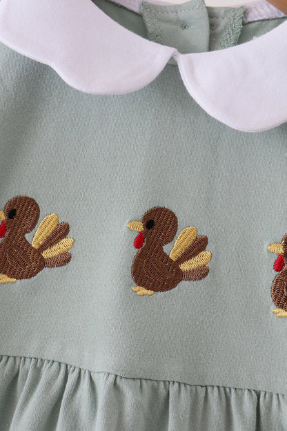 Green turkey embroidery scalloped dress