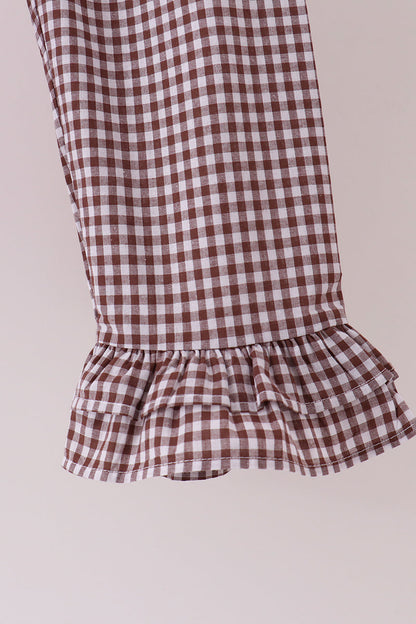 Pink turkey embroidery ruffle gingham pants set