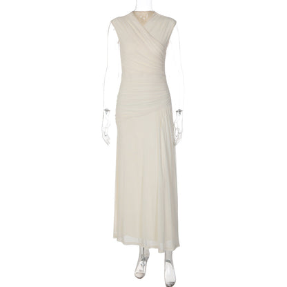 French V neck Solid Color Maxi Dress Summer Waist Slimming Draping Effect Maxi Dress